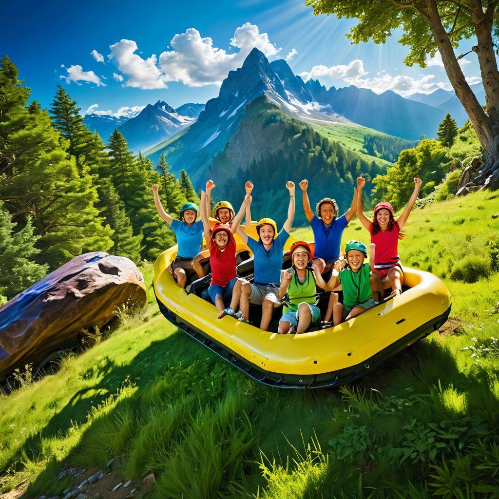 A vibrant scene capturing a group of adventurers joyfully free sliding down a lush green hillside, with rays of sunlight filtering through the trees. Include expressions of exhilaration on their faces and colorful sliding gear, with a picturesque landscape in the background featuring mountains and a clear blue sky. Focus on the thrill and joy of the experience. vibrant colors. super-realistic.