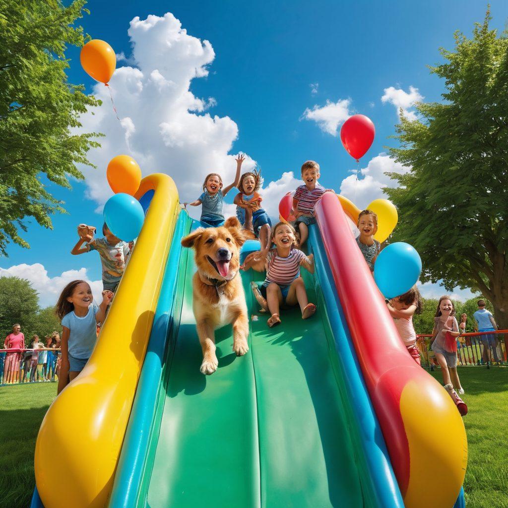 A vibrant scene of children joyfully sliding down a colorful playground slide, with bright blue skies and fluffy clouds in the background. Parents cheering in excitement, surrounded by lush green grass and playful dogs. The atmosphere radiates happiness with balloons and playful elements scattered around. super-realistic. vibrant colors. cheerful atmosphere.