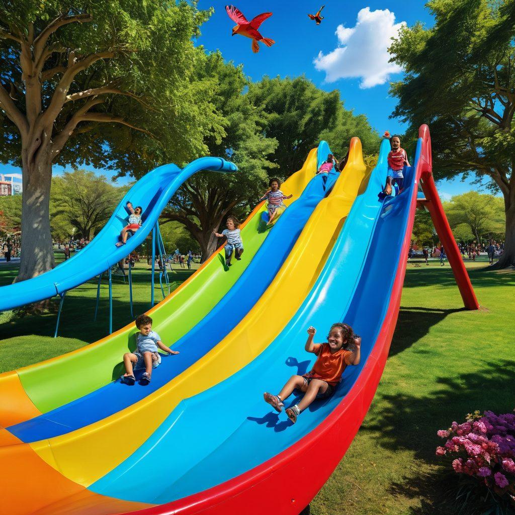 A vibrant scene depicting carefree individuals joyfully sliding down colorful, whimsical slides in a sunlit park. Surround them with lush greenery, playful animals, and children laughing, emphasizing a sense of adventure and freedom. Include a bright blue sky with fluffy clouds and kites flying in the distance. The image should evoke feelings of happiness and excitement. super-realistic. vibrant colors.